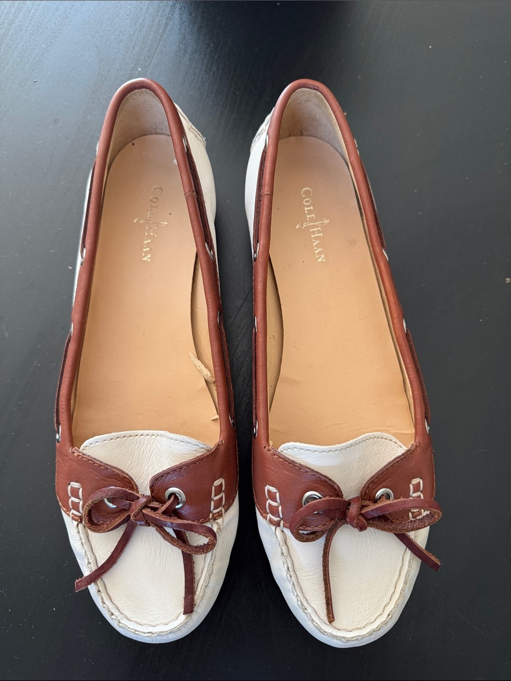 Cole Haan Off White and Brown Leather Moccasin Flats